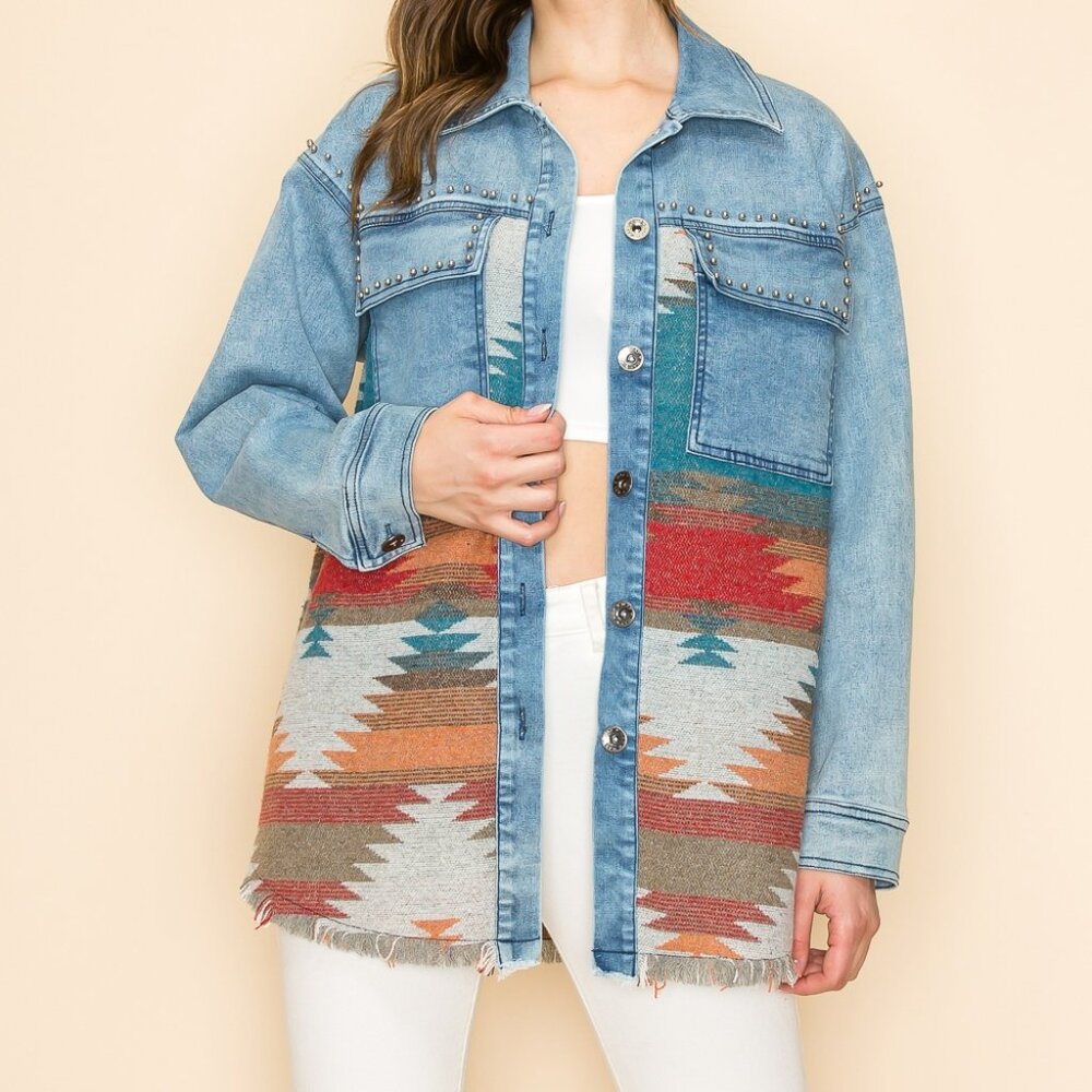 NWT W.A.Y Wonderful & Young Denim Oversized Aztec Jacket With Studs